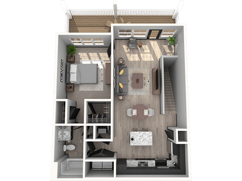 Floor plan for 1 bed, 1 bath, 907 sqft